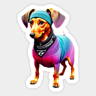 Cute Dachshund in Colorful Handmade Knitted Clothes and Headband Sticker